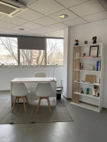 Sprechzimmer mit Tisch, Stühlen und Regal, ruhige Atmosphäre für Patientengespräche