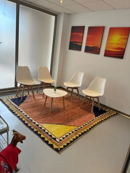 Helles Wartezimmr der Inselproktologie Mallorca - mit Hennes, dem rheinischen Maskottche, das für eine herzliche Atmospäre sorgt.